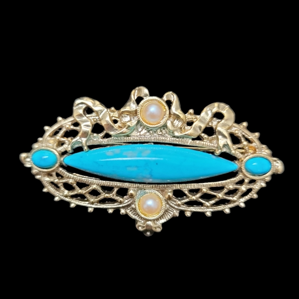 1928 Vintage Goldtone Faux Pearl & Turquois Brooch Pin 1.25" x 2.25"